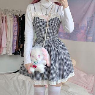 Spaghetti Strap Lace-trim Plaid Mini A-line Dress