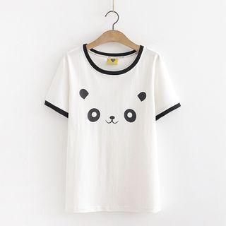 Panda Printed Contrast Trim Short Sleeve T-shirt White - One Size