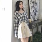 Plaid V-neck Long-sleeve Loose-fit Shirt As Figure - One Size