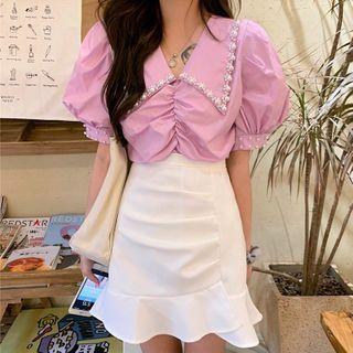 Short-sleeve Embellished Blouse / Mini Mermaid Skirt