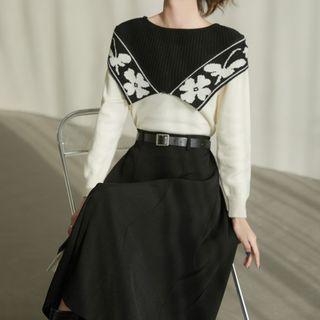 Floral Contrast Panel Knit Top / Midi A-line Skirt