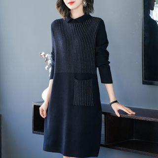 Pinstriped Panel Collared Knit Dress