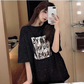 Loose-fit Glitter Printed T-shirt Black - One Size
