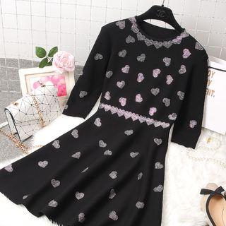 Rhinestone Heart A-line Knit Dress