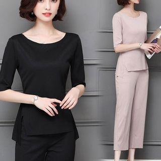 Set: Side-slit Short-sleeve T-shirt + Cropped Straight-fit Pants