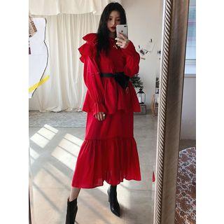 Long-sleeve Ruffle-trim Midi Tiered Dress