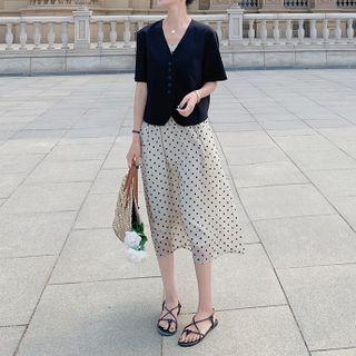 Set: Spaghetti-strap Dotted Midi A-line Dress + Elbow-sleeve Top