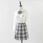 Set: Printed Shirt + Plaid Pleated Skirt + Bow Tie