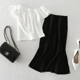 Set: Short-sleeve Cold-shoulder Ruffled Top + Midi Mermaid Skirt