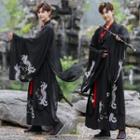 Bell-sleeve Hanfu Robe / Maxi A-line Skirt / Wrap Top / Set