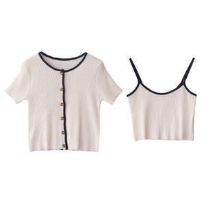 Set: Short-sleeve Cardigan + Cropped Camisole Top