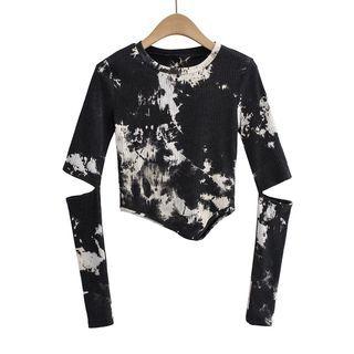 Tie-dyed Ribbed Long Sleeve Cut-out Cropped T-shirt