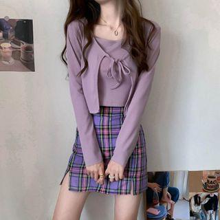 Plain Cropped Camisole + Knit Vest / Plaid Skirts