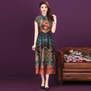 Printed Cap-sleeve Midi A-line Qipao