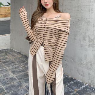 Long-sleeve Off-shoulder Striped Top / Two-tone Wide-leg Pants