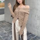 Long-sleeve Off-shoulder Striped Top / Two-tone Wide-leg Pants