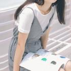 Set: Plain Short Sleeve T-shirt + Striped Spaghetti Strap Playsuit
