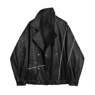 Color Block Faux Leather Snap Button Jacket