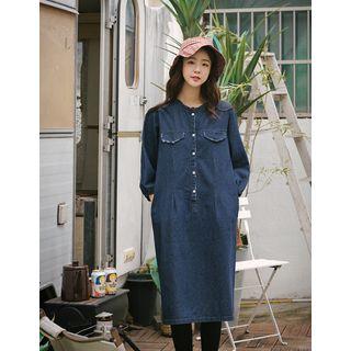 Round-neck Frayed Long Denim Shirtdress