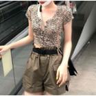 Short-sleeve Leopard Cropped Top / Plain Shorts Top - One Size