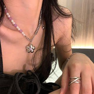 Faux Pearl Floral Necklace 1pc - Silver & Purple & White - One Size