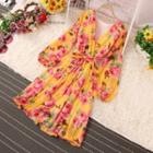 Balloon-sleeve Flower Print Accordion Pleat Dress