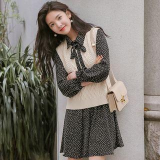 Dotted Long-sleeve Chiffon Dress / Tie-back Knit Vest