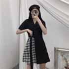 Short-sleeve Plaid Panel Single Breasted Dress