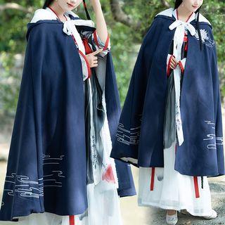 Embroidered Furry Hooded Cape Blue - One Size