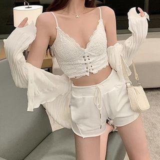 Plain Knit Cardigan / V-neck Lace Crop Top / Plain Shorts