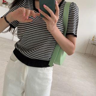 Square-neck Puff-sleeve Checked Knit Top