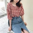 Elbow-sleeve Plaid Square Neck Blouse Red - One Size