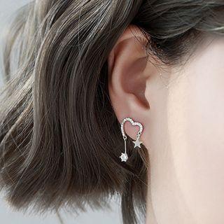 925 Sterling Silver Rhinestone Heart & Star Dangle Earring 1 Pair - As Shown In Figure - One Size