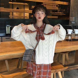 Long-sleeve Tie-neck Plaid Midi Shirtdress As Shown In Figure - One Size