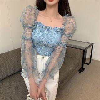 Off Shoulder Mesh Pleated Ruffle Blouse