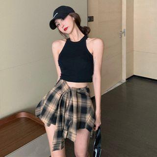 Cropped Tank Top / Mock Two-piece Plaid Skort
