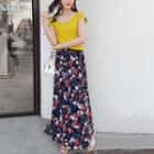 Set: Cap-sleeve V-neck T-shirt + Patterned Maxi Chiffon Skirt