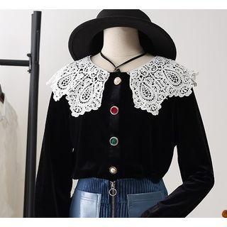 Bell-sleeve Lace Panel Velvet Blouse