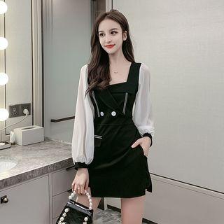 Set: Balloon-sleeve Double-breasted A-line Dress + Shorts