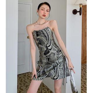 Strapless Patterned Asymmetrical Mini A-line Dress