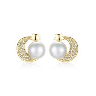 Sterling Silver Plated Gold Bright Creative Star Moon Stud Earrings With White Freshwater Pearls And Cubic Zirconia Golden - One Size