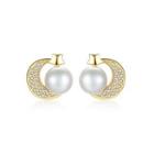 Sterling Silver Plated Gold Bright Creative Star Moon Stud Earrings With White Freshwater Pearls And Cubic Zirconia Golden - One Size