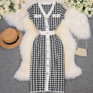 Cap-sleeve Houndsooth Knit Dress