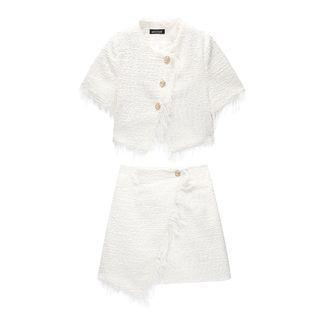 Set: Short-sleeve Fringed Tweed Jacket + Asymmetrical Tweed Skirt