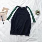Elbow-sleeve Color-panel T-shirt Navy Blue - One Size