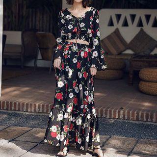 Set: Long-sleeve Floral Print Top + Maxi Skirt