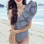 Ruffled Striped One-shoulder Swimsuit