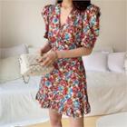 Puff-sleeve Floral Print Wrap-front Minidress