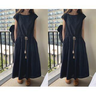 [dearest] Cap-sleeve Tasseled Maxi Dress Navy Blue - One Size