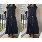 [dearest] Cap-sleeve Tasseled Maxi Dress Navy Blue - One Size